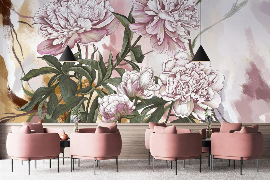 Peony Wallpaper Mural, Watercolor Pink Peonies Wall Mural, Romantic ...