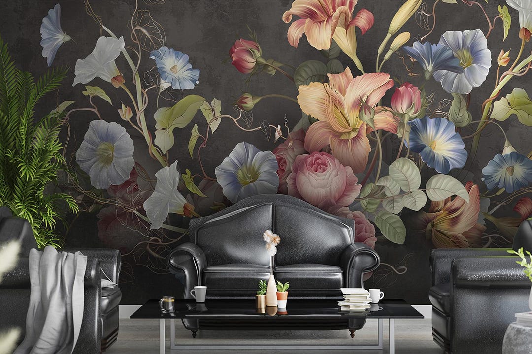 Dark Floral Wallpaper Mural, Vintage Botanical Flowers Wallpaper, Moody ...