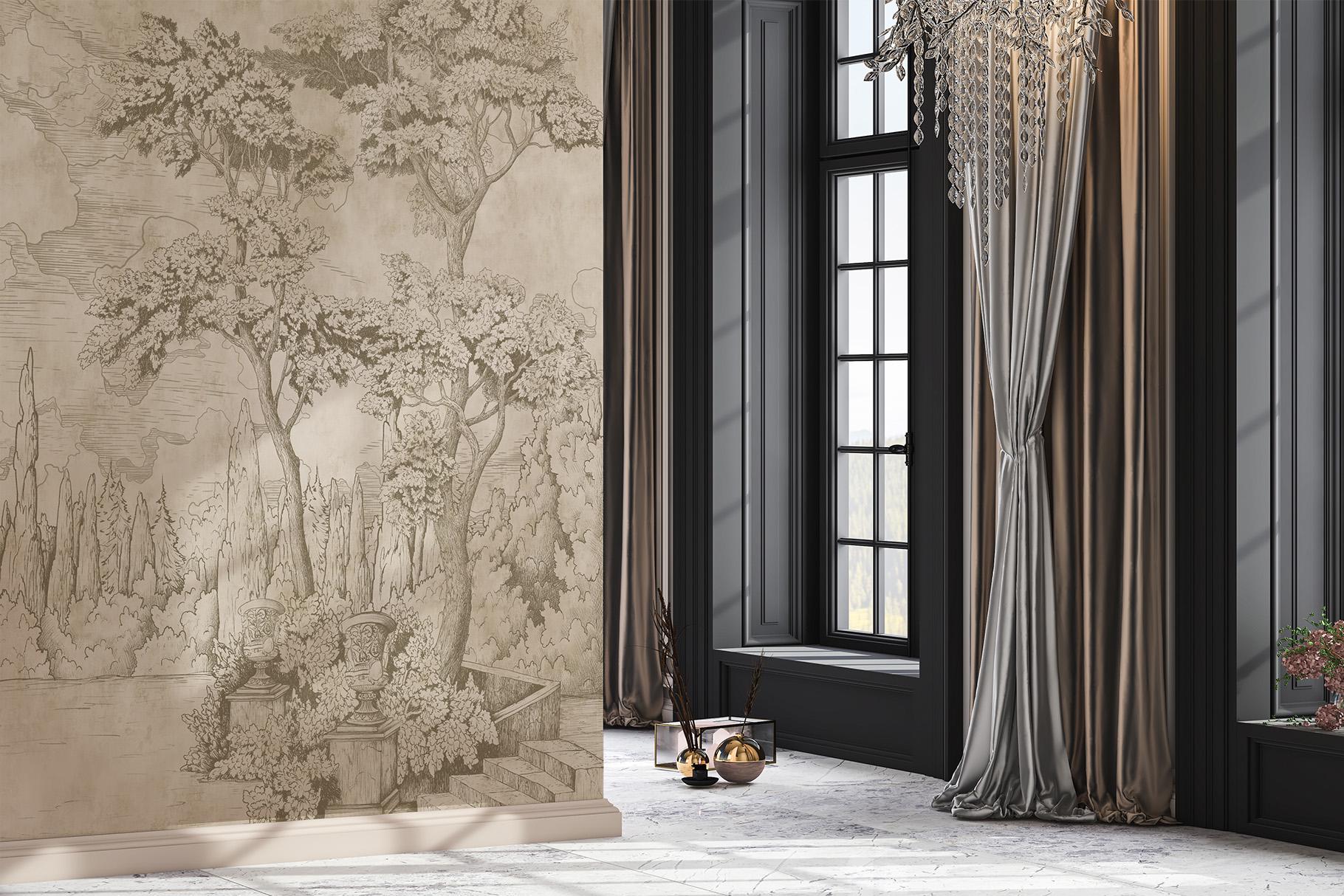 Vintage Landscape Wallpaper Mural, Monochrome Scenic Wall Mural, Toile ...