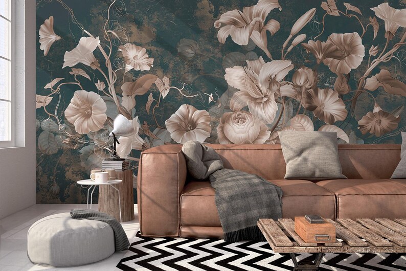 Dark Floral Wallpaper Mural, Vintage Botanical Flowers Wallpaper, Moody ...
