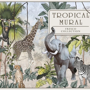 Set of drawn graphic illustration of a Tropical mural. Tropical background for mural, wallpaper, card, poster.