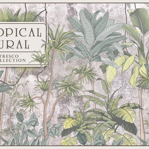 Set of drawn graphic illustration of a Tropical mural. Tropical background for mural, wallpaper, card, poster.