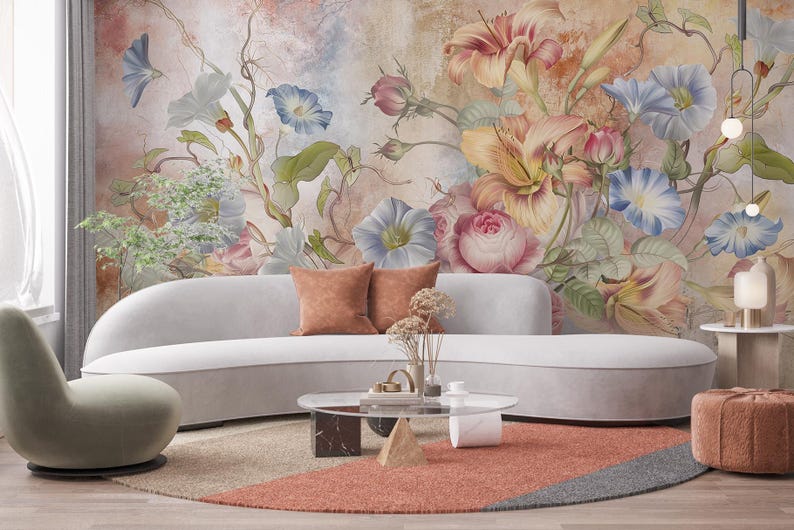 Dark Floral Wallpaper Mural, Vintage Botanical Flowers Wallpaper, Moody ...
