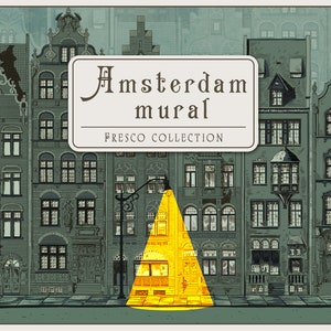 Set of drawn graphic illustrations of Amsterdam houses. Amsterdam houses background for mural, wallpaper, card, poster.