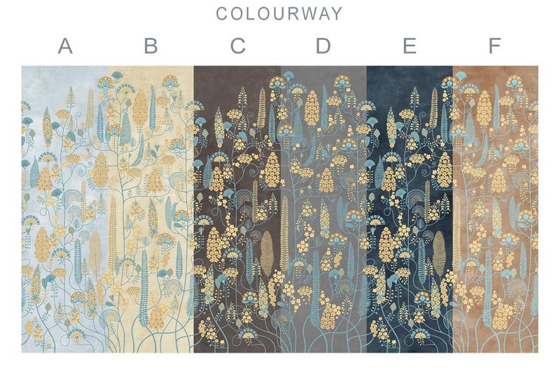 Colourways Design Example Botanical Floral Wallpaper • Art Nouveau Wall Mural • Vintage Flowers ...
