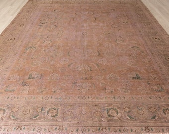9.5x12.7 FT, Antique Overdyed Distressed Hand-Knotted Oriental Rug | Large Oversize Handmade Vintage Turkish Faded Rug