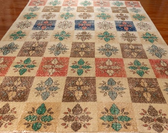 6.5x9 FT Hand-Knotted Vintage Turkish Rug Large Antique Oushak Rug Handmade Traditional Floral Middle Eastern Carpet