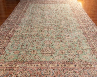 6.5x9.8 FT Hand-Knotted Vintage Turkish Rug Large Antique Oushak Rug Handmade Traditional Floral Middle Eastern Carpet