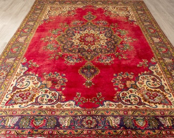 8x12 FT Hand-Knotted Oriental Vintage Rug Large Antique Floral Rug | Oversize Handmade Traditional Red Middle Eastern Carpet