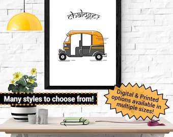 May include: A printable art print featuring a yellow and black auto rickshaw with the Hindi text "chaloge?" which means "shall we go?" in English. The print is available in multiple sizes.