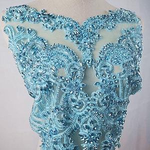 Turquoise blue large bodice rhinestone applique, front bodice beading bodice applique, vintage motif lace applique for bridal wedding gown