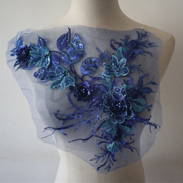 royal blue 3D flowers Applique pair, big size lace applique for collar bodice sash Lyrical Dance Ballet Couture Gowns supplies