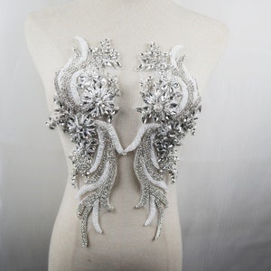 exquisite silver & white rhinestone applique, 3D crystal beaded motif lace patch for bridal sash shoulders bodice handmade accessories