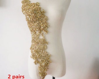 spark silver/ gold rhinestone applique, crystal beaded lace applique pair, lace beaded applique for bridal sash headpiece bodice accessories