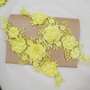 Yellow 3D flowers lace applique, hand sewed alencon cord lace applique for bridal sash shoulders bodice hem wedding accessories