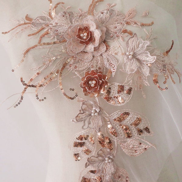 Rose Gold 3D Lace Applique, 3D Flowers Fabric Patches for Costume Dress Shoulder Collar Bodice Sash Lyrical Dance Ballet Couture supplies