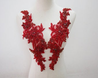 deluxe red rhinestone applique pairs, crystal beaded motif lace flower applique for bridal sash shoulders bodice wedding accessories