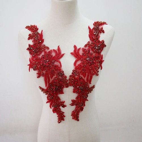 deluxe red rhinestone applique pairs, crystal beaded motif lace flower applique for bridal sash shoulders bodice wedding accessories