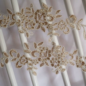 champagne gold Lace Applique pair, Alencon cord embroidered floral lace for headpiece, collar, bridal lace straps