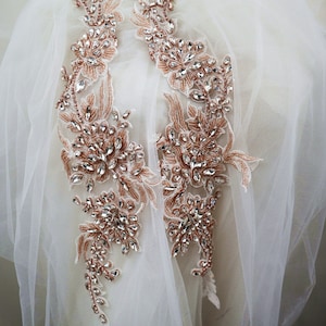 rose gold exquisite rhinestone applique, crystal beaded lace applique for bridal collar sash shoulders bodice wedding accessories
