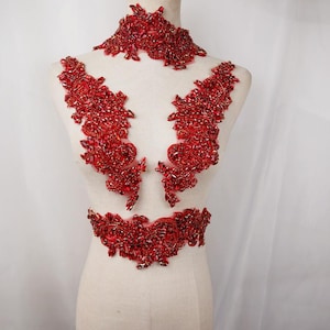 exquisite red rhinestone applique, crystal beaded lace applique pair, beaded applique for bridal sash headpiece bodice accessories