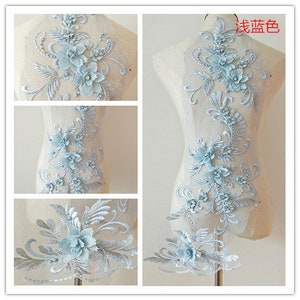 light blue 3D Lace Applique, royal blue navy beaded flowers lace applique for shoulder collar bodice Lyrical Dance Ballet Couture Gowns