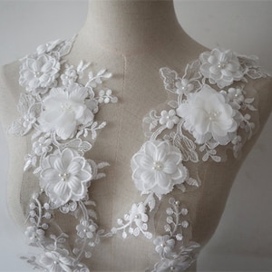 off white 3D flowers applique, Alencon ivory lace beaded patches for bridal dress gown sash shoulders bodice hem wedding accessories