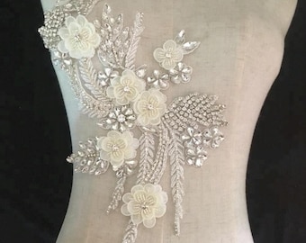 silver rhinestone applique with ivory 3D flowers, motif lace crystal beaded applique for bridal wedding sash shoulder bodice collar supplies