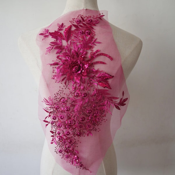 Fuchsia Hot Pink 3D Lace Applique, paillettes perlées et brodées pour la danse lyrique, le ballet, les robes de couture, fournitures de couture