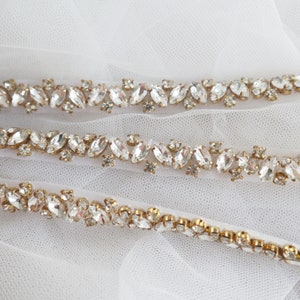 Gold Thin rhinestone trim, crystal beaded trim, rhinestone applique for bridal sash/ gown straps/ bridesmaids belt/hairband