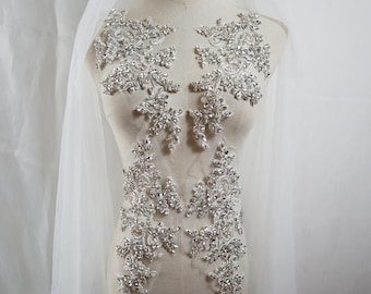 Couture rhinestone applique, crystal silver sew on motif lace silver beaded applique for bridal wedding accessories