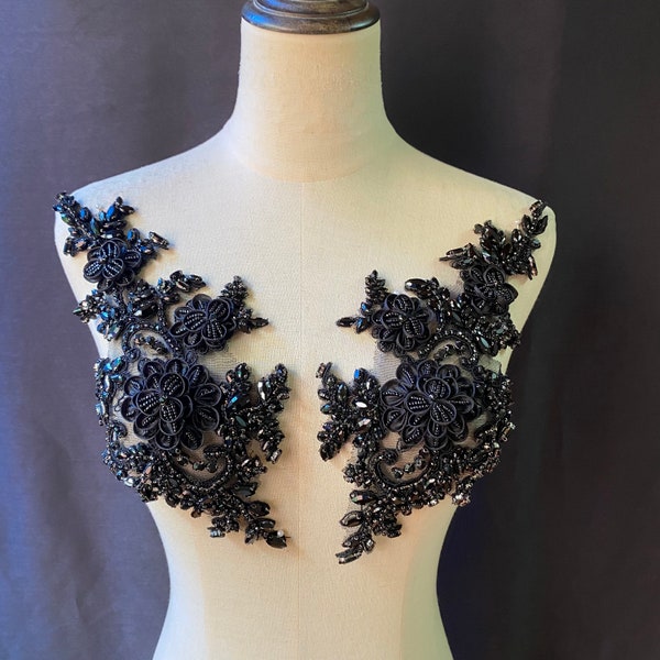 deluxe black rhinestone applique with 3D flowers,  motif lace crystal beaded applique for bridal sash shoulders bodice wedding accessories