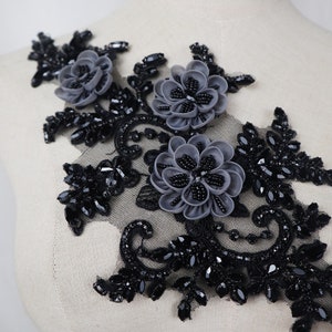 deluxe black rhinestone applique with 3D flowers,  motif lace crystal beaded applique for bridal sash shoulders bodice wedding accessories