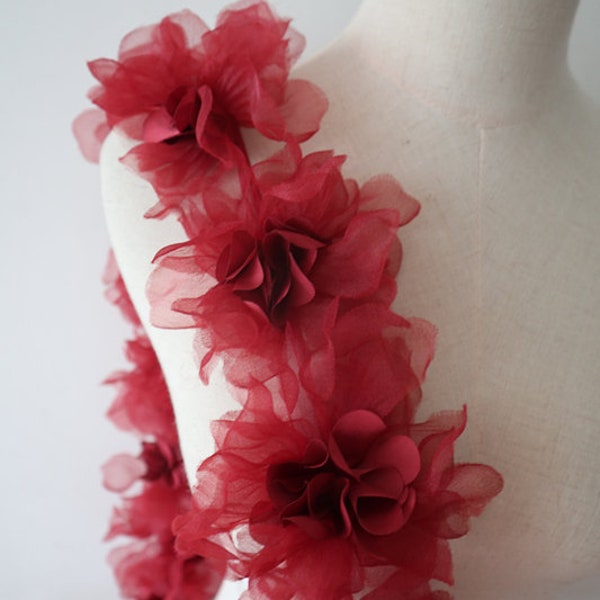 dark red 3D ruffled pleated fabric flowers, Burgundy ruffle flower applique for doll, baby clothes, collar home decro 12cm flower