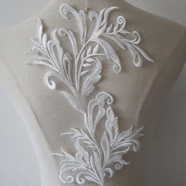 ivory white beaded lace Applique, floral motif embroidery patches for bridal veil collar bodice sash Lyrical Dance Couture costume