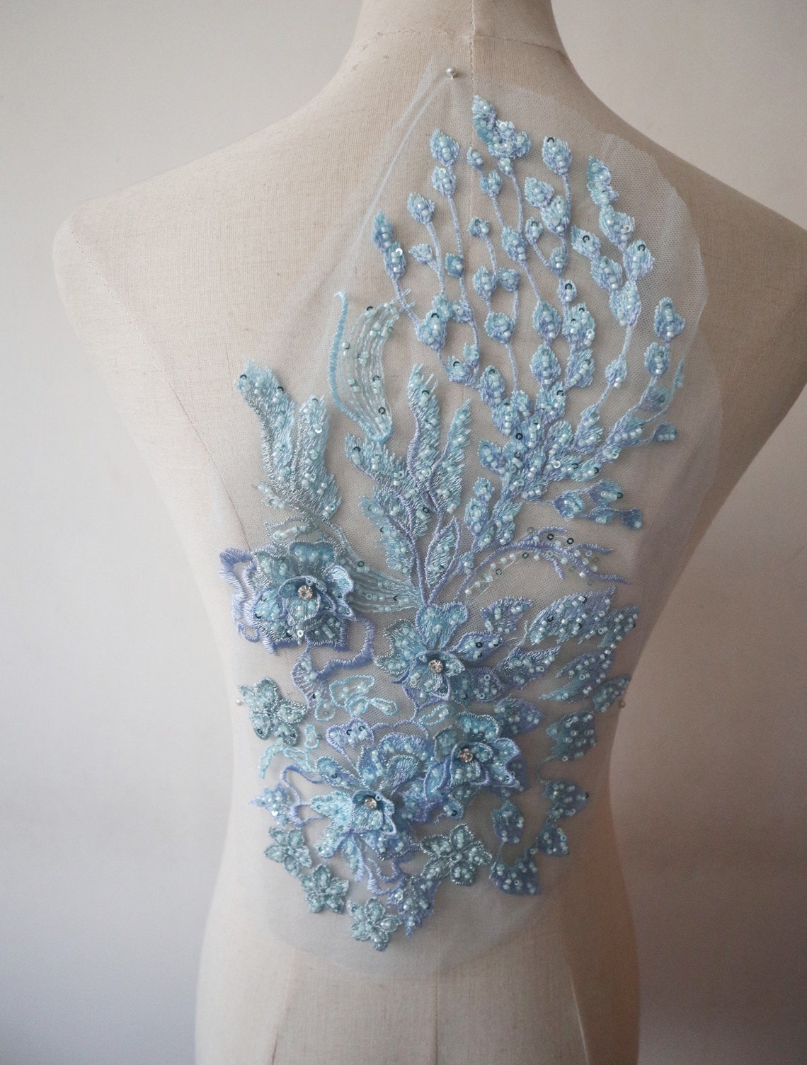 Light blue 3D Beaded Applique lace applique 3D flowers Etsy