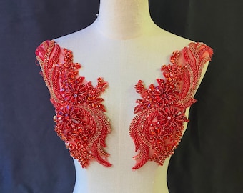 Red rhinestone applique, encruested cystal beaded patch for bridal sash shoulders bodice wedding accessories