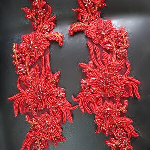 Deluxe Red Rhinestone Applique Pairs, Crystal Beaded Motif Lace Flower ...