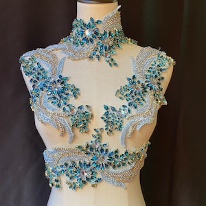 Applique en strass bleu lac, applique de col en dentelle avec motif de perles de cristal 3D pour ceinture de mariée épaules corsage accessoires de mariage