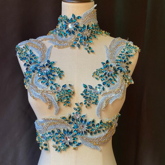 Lake blue rhinestone applique, 3d crystal beaded motif lace collar applique for bridal sash shoulders bodice wedding accessories