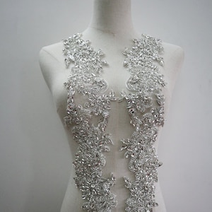 bling exquisite silver handmade rhinestone applique, sparkly crystal beaded lace applique pair for bridal sash headpiece bodice accessories