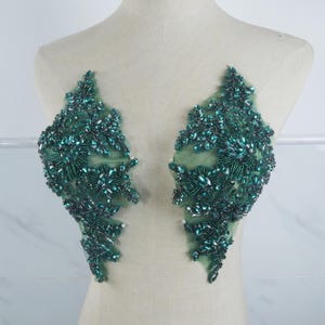 Green rhinestone applique, crystal beaded sewing motif lace silver beaded applique for bridal wedding accessories