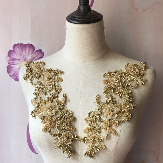Champagne Gold Rhinestone Applique 3D Flower Crystal Bodice Patch