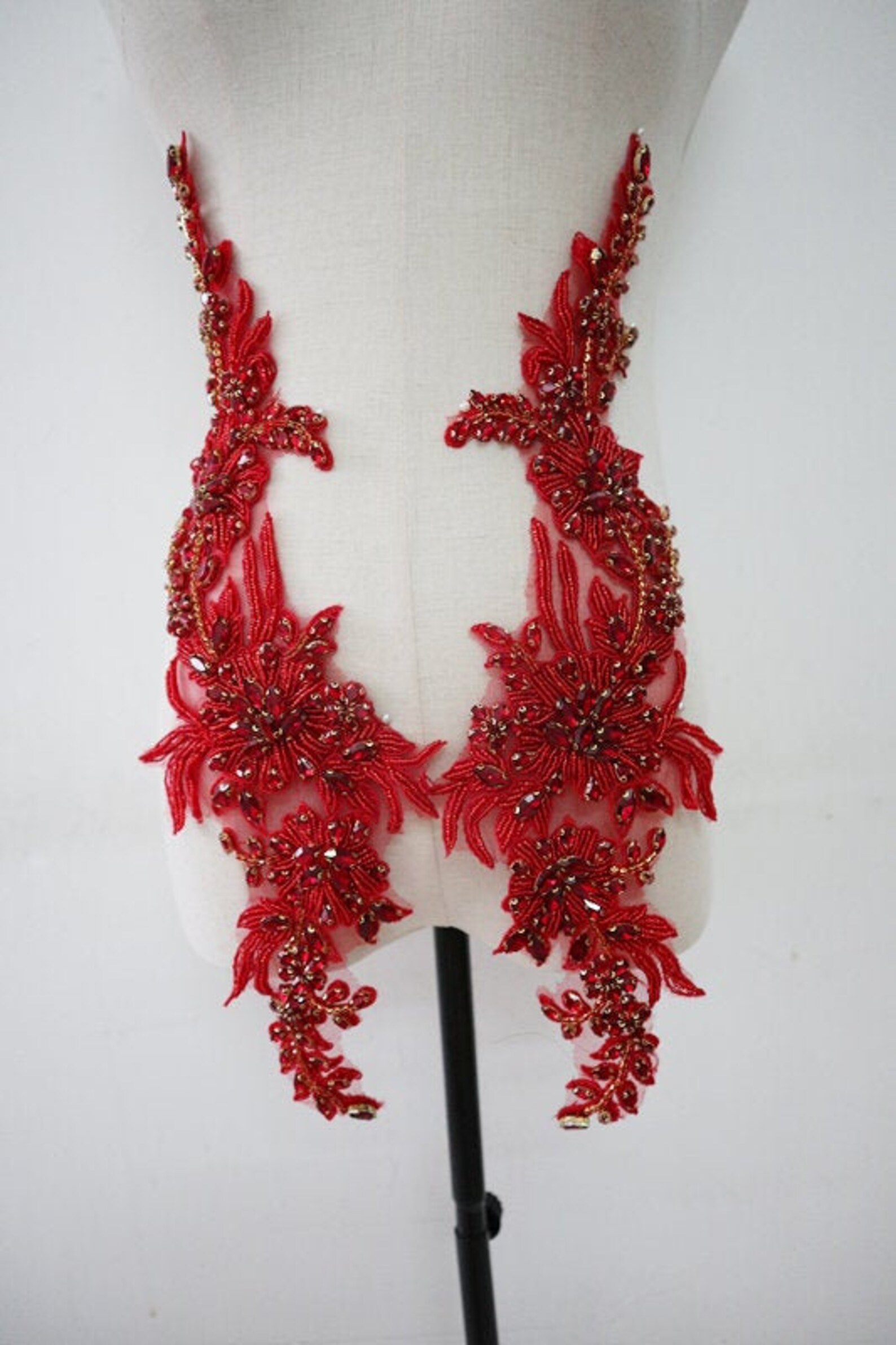Deluxe Red Rhinestone Applique Pairs, Crystal Beaded Motif Lace Flower ...