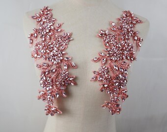 Rosa Strass Applikationen, handgemachte Kristall Perlen Motiv Spitze Paar Kragenpatches für Braut Schärpe Schultern Mieder Hochzeit Accessoires