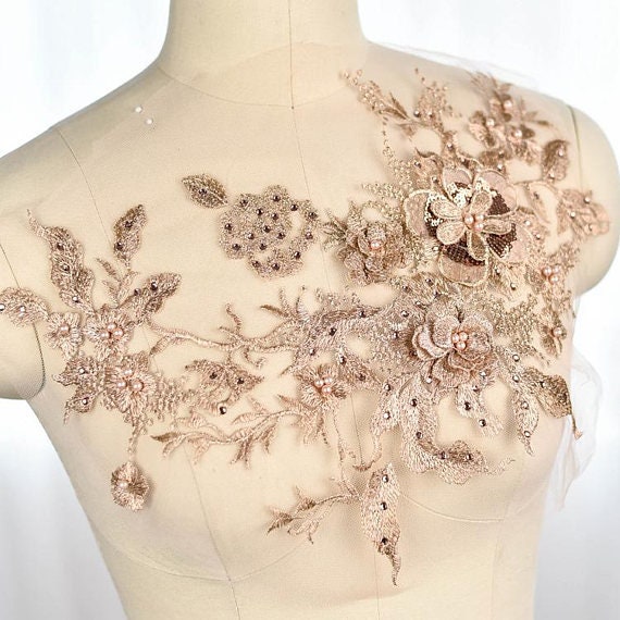 Gold 3D Flowers Applique Rose Gold Embroidery Beaded Lace Etsy UK