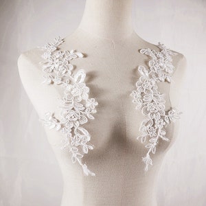 Off white/ gold Lace Applique pair, Alencon cord embroidered floral lace for headpiece, collar, bridal lace straps