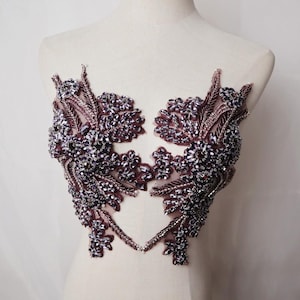 dark purple rhinestone applique, crystal beaded motif lace pair collar for bridal sash shoulders bodice wedding accessories