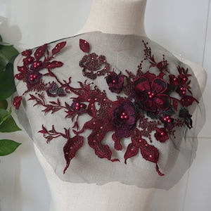 BURGUNDY 3D Lace Applique, 3D flowers lace beaded applique for for Lyrical Dance, Ballet, costume dress, Couture Gowns accessories