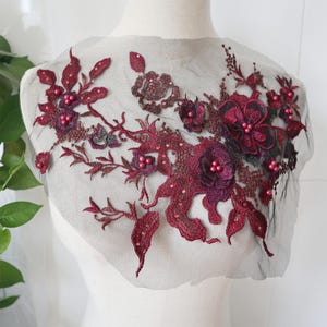 Burgundy 3D flowers Applique, dark Red embroidered beaded lace patches DIY for collar Lyrical Dance Ballet Couture Gowns supplies